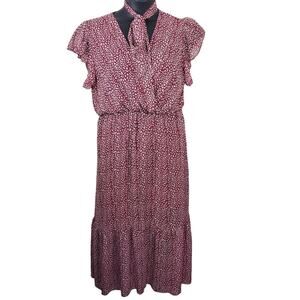CHIC STYLE | Ruffled Tie Neck Floral | Dark Red/White | Maxi Dress | Size Large